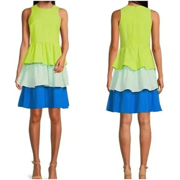 NWT LDT Lime Green Blue Colorblock A-Line Dress $169 - Picture 1 of 12